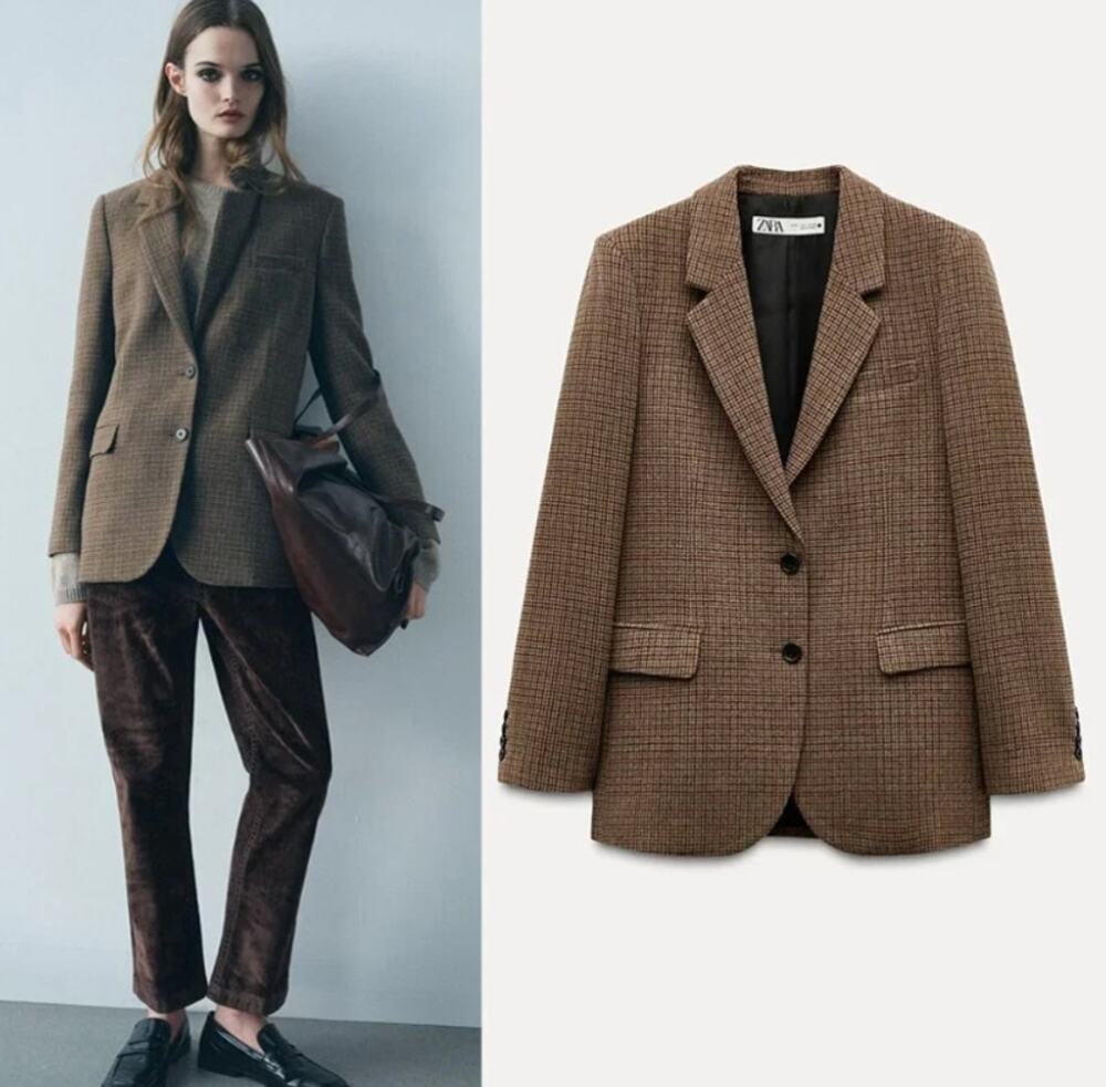 Zara Brown Wool Blend Checkered Heritage Academic Blazer NWT Size XS